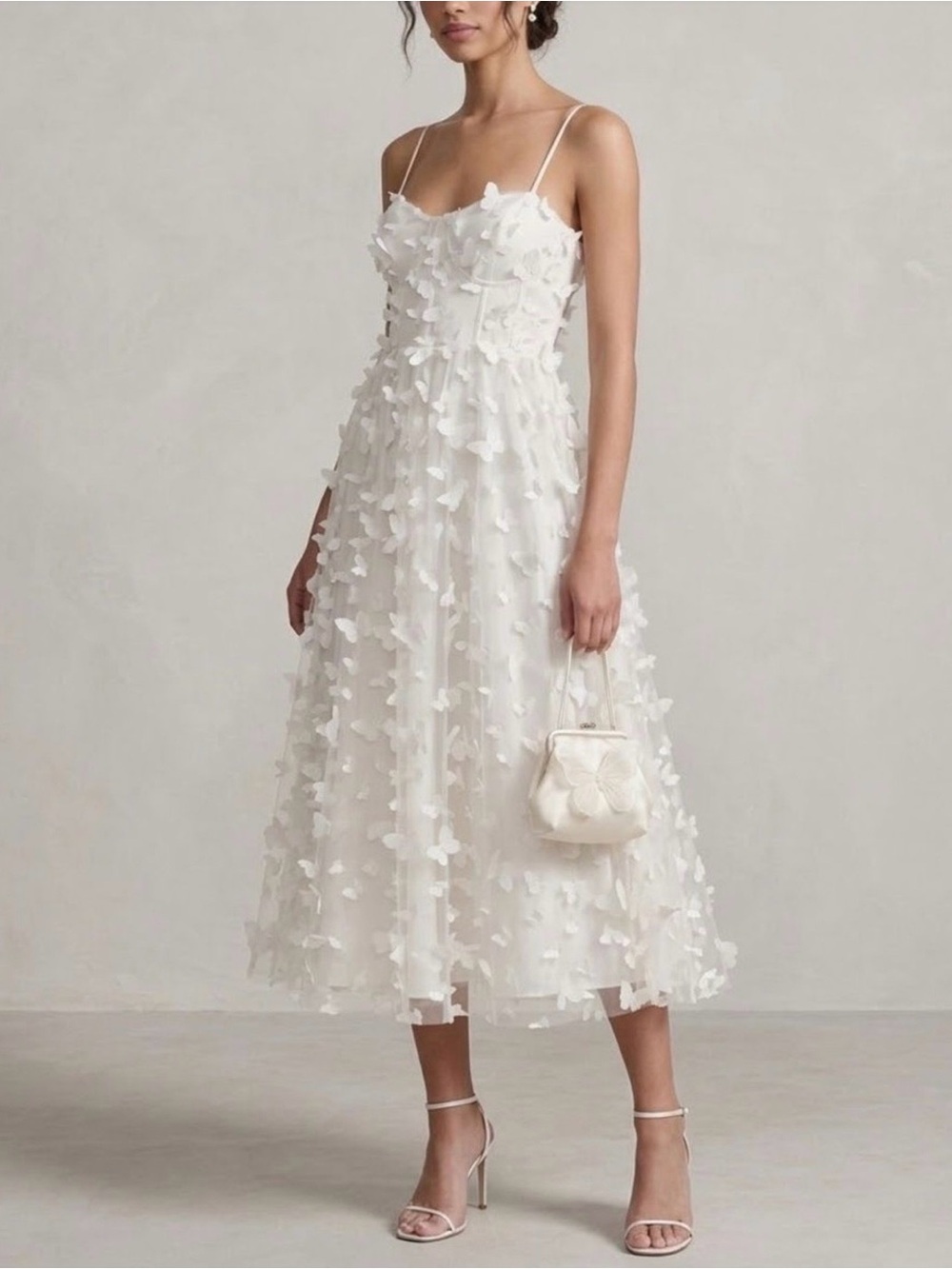 White Floral Appliqué Midi Dress with Spaghetti Straps